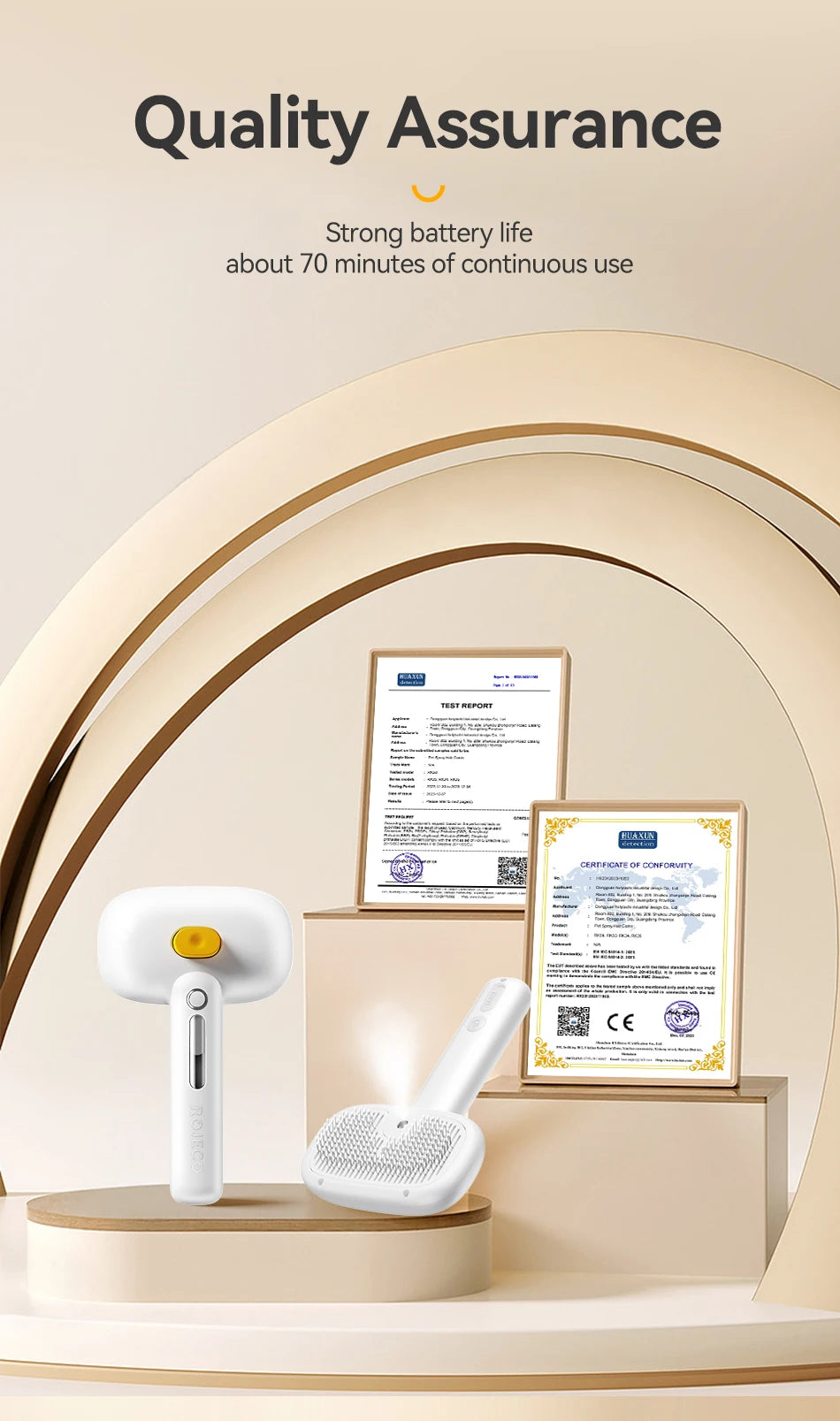 A white steam spray pet grooming brush is displayed on a wooden stand with test reports in the background.
