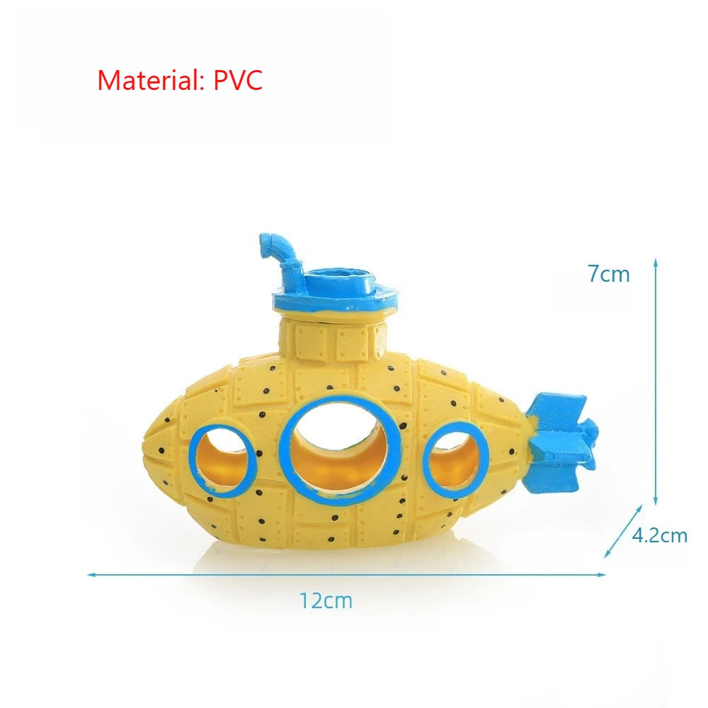 Yellow PVC ornament shaped like a sunken ship with an open cave for fish tanks