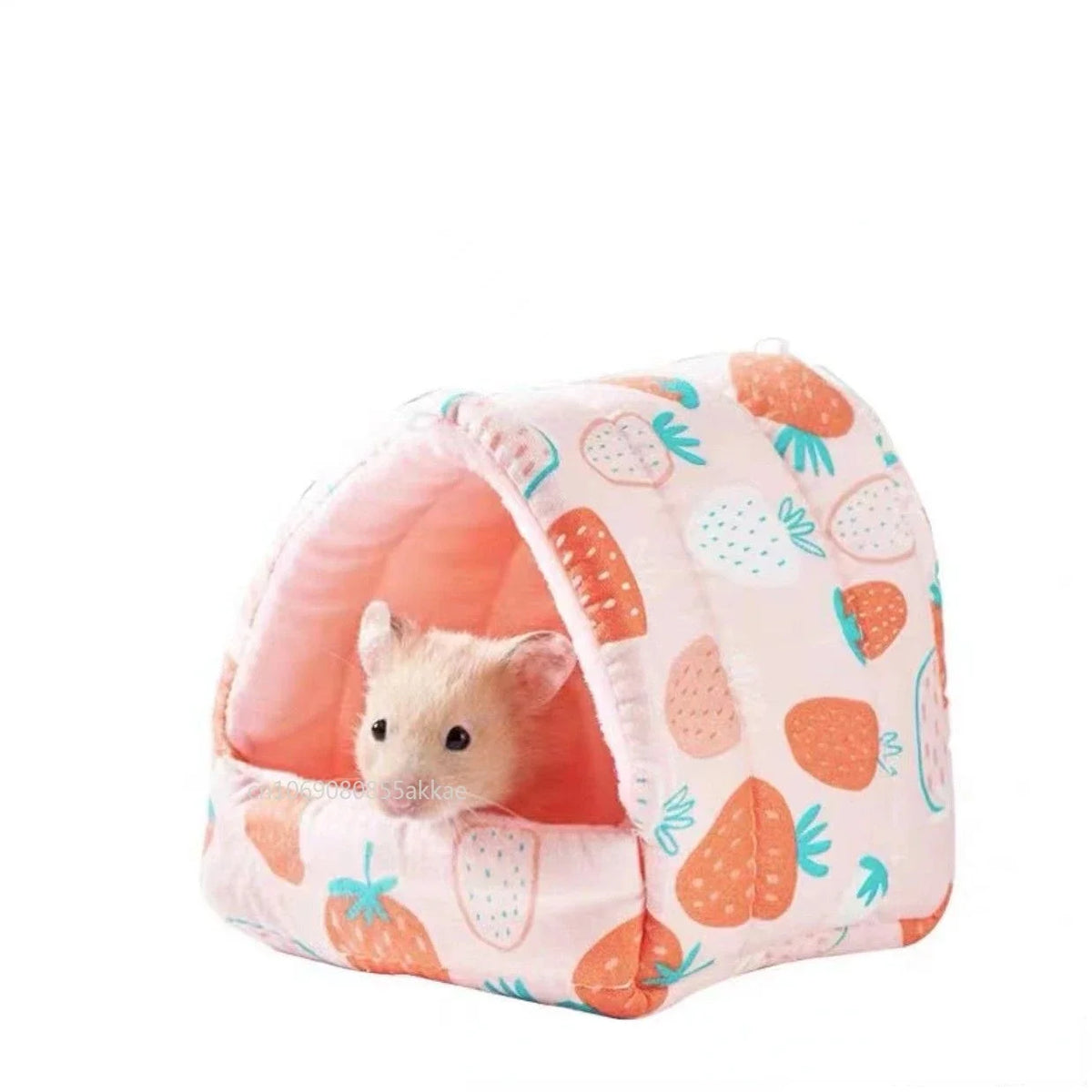 Pinkes gemütliches Cartoon-Hamsterhausbett mit Erdbeermuster.