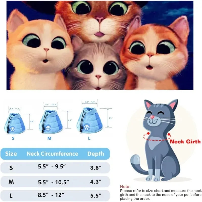 Set von drei Katzen-Recovery-Kragen in Größen S, M und L mit entsprechenden Messungen für Halsumfang und Tiefe.
