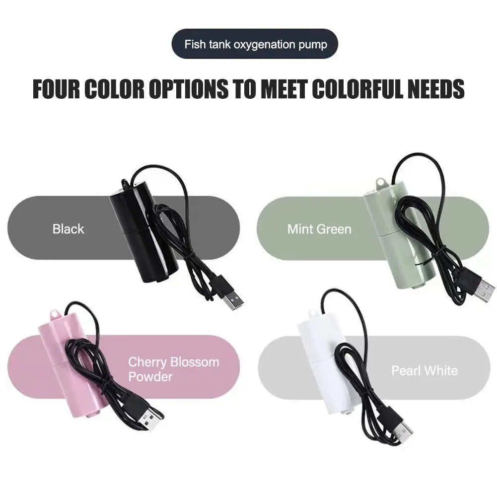 Quatre couleurs disponibles pour une pompe d'oxygénation de aquarium : noir, vert menthe, poudre de floraison de cerisier et 