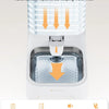 A white gravity pet water dispenser showing automatic replenishment features and a stainless steel tray.
