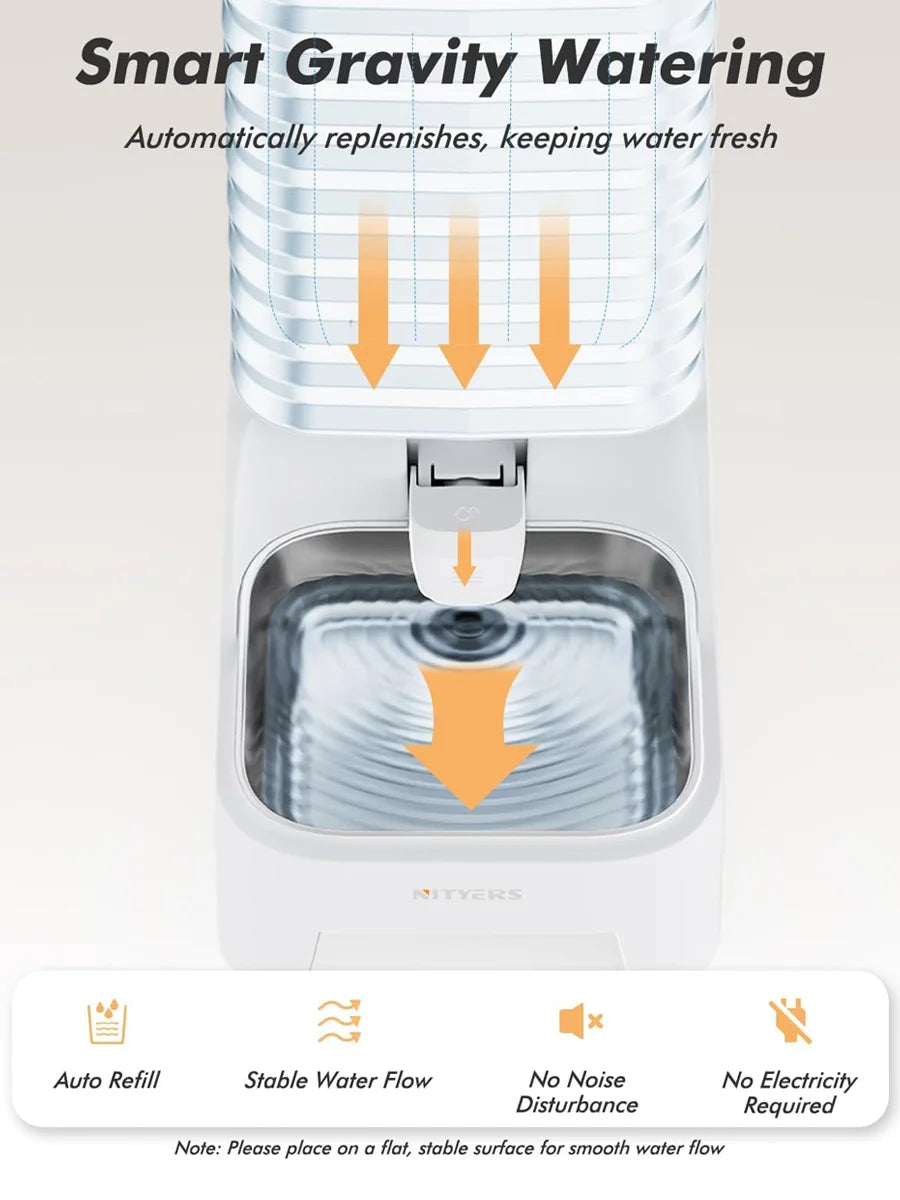 A white gravity pet water dispenser showing automatic replenishment features and a stainless steel tray.