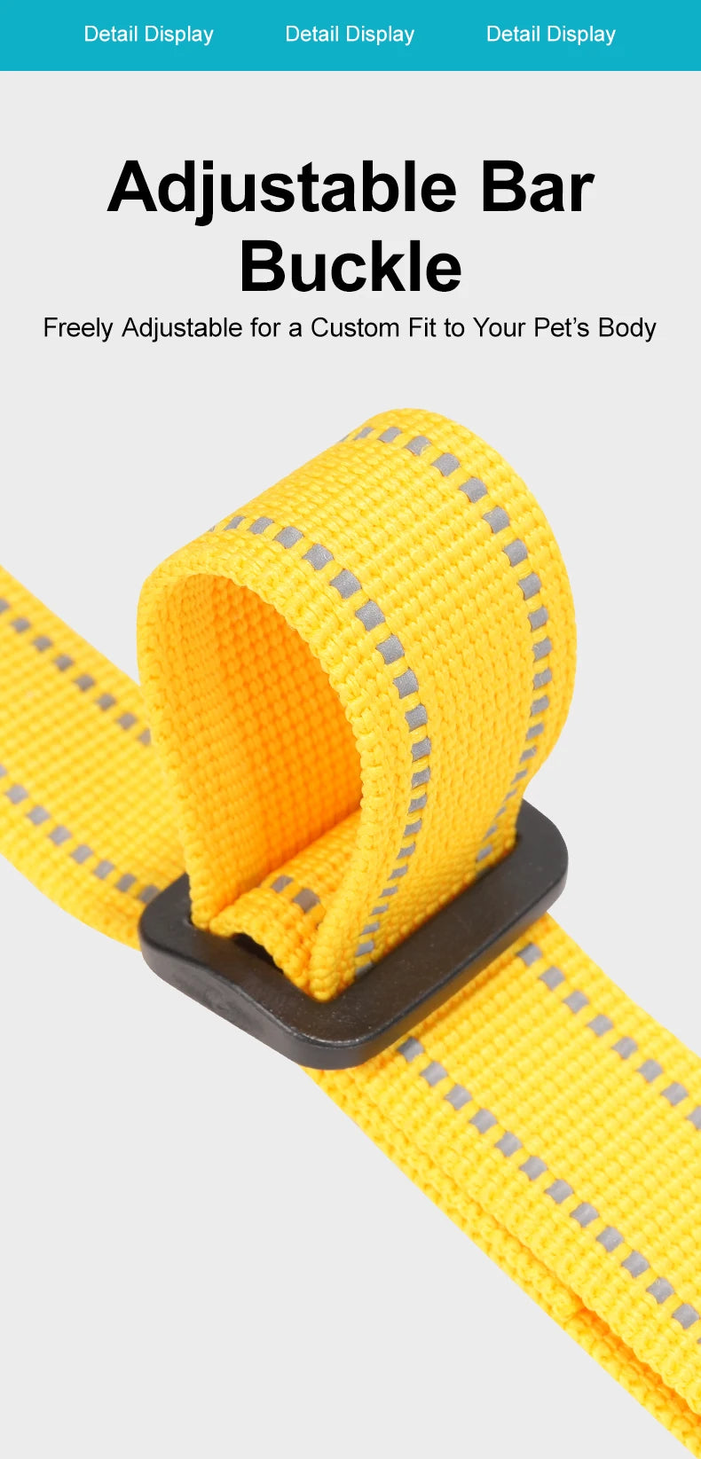 A close-up of a yellow adjustable bar buckle dog harness strap with reflective accents.