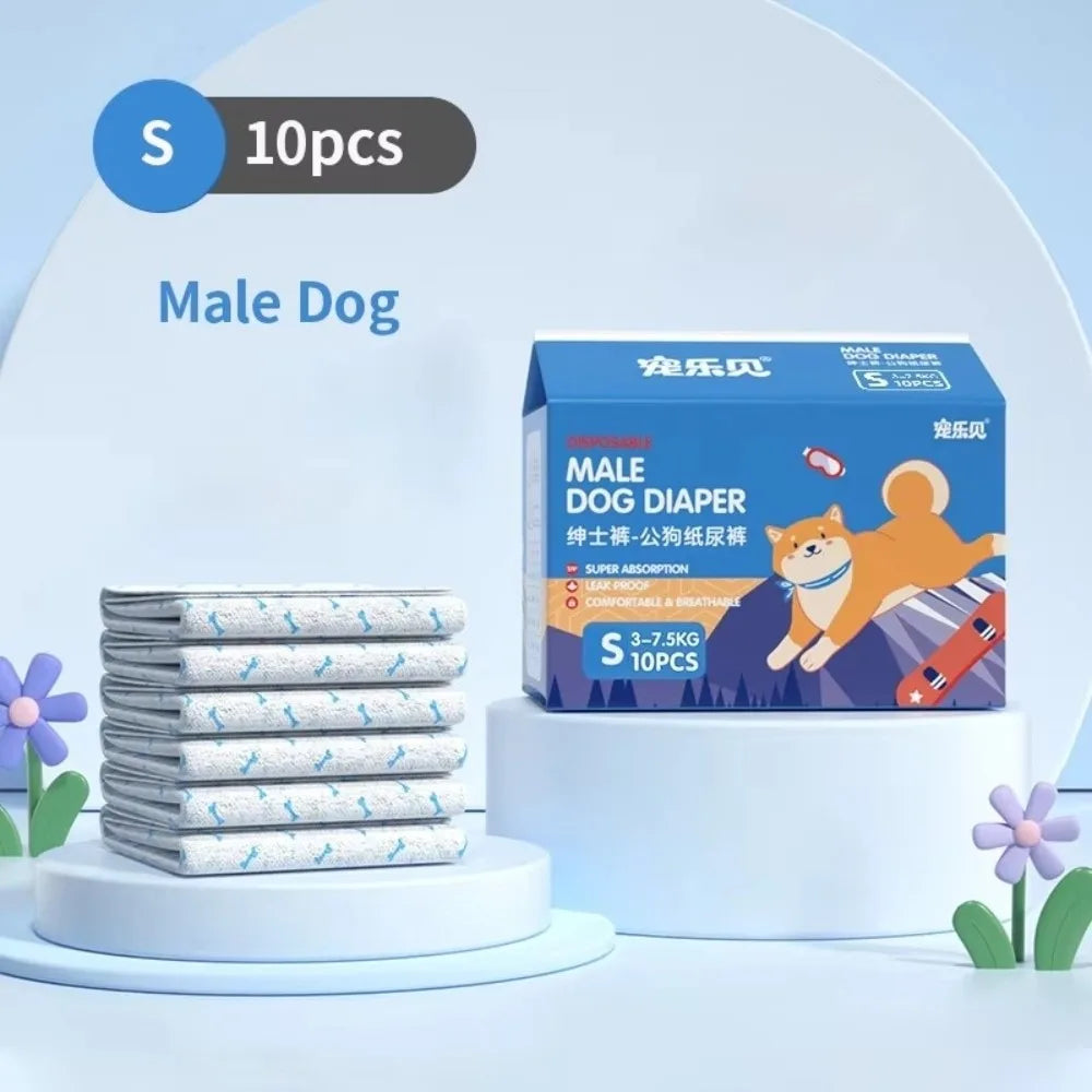 Box of 10 disposable male dog diapers for puppies with a blue and orange design