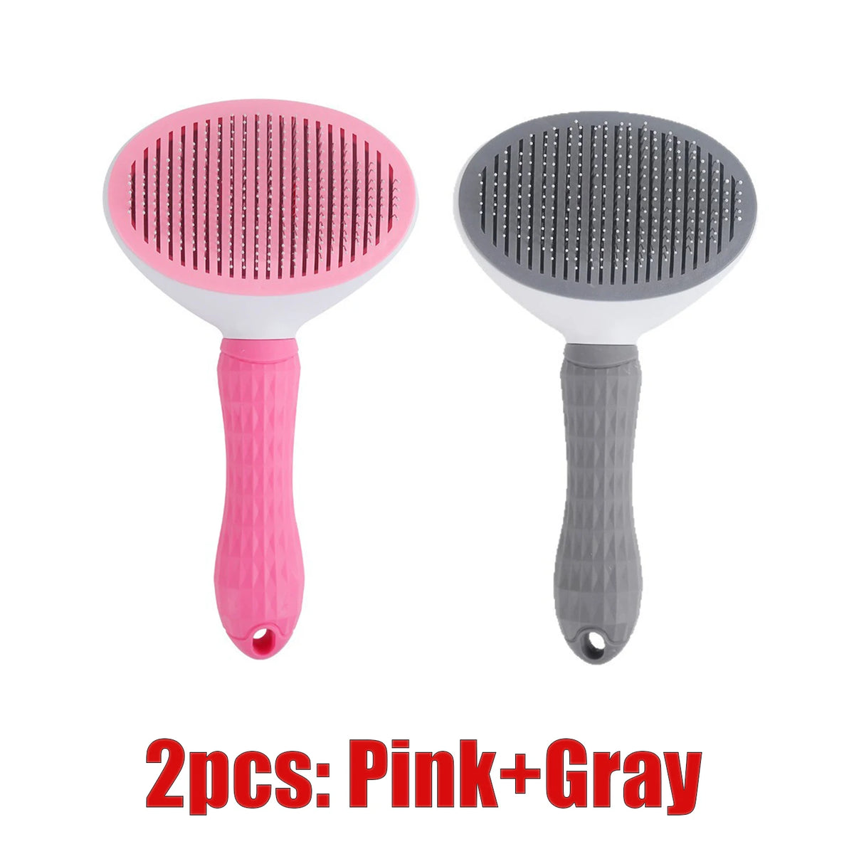 Two self-cleaning pet hair brushes, one pink and one gray.