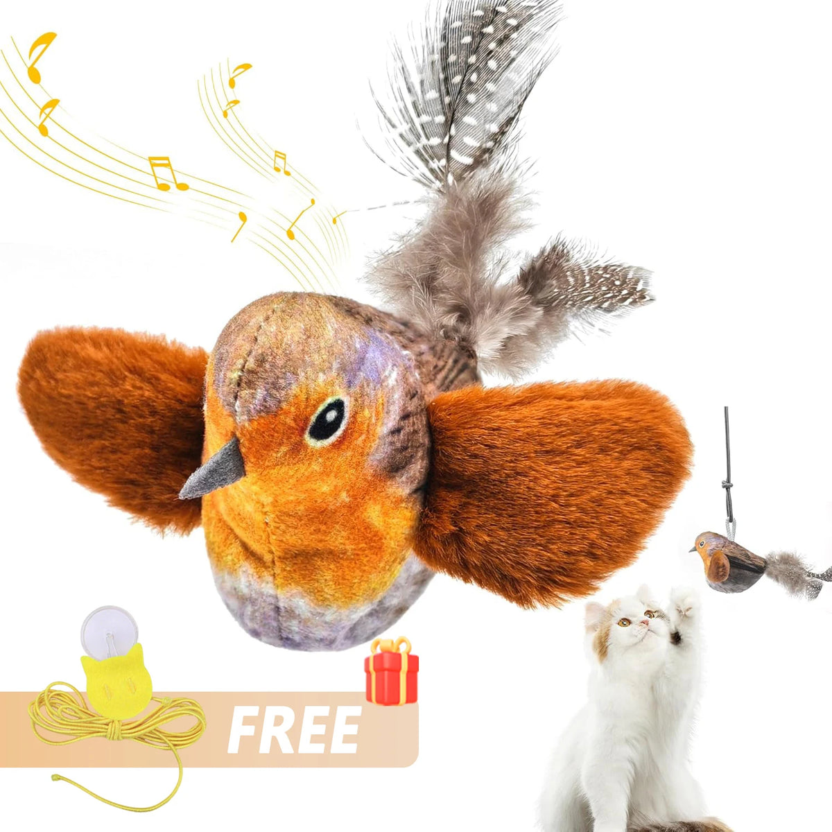 Interaktives Plüsch-Vogelkätzchenspielzeug mit orangebraunen Federn neben einem kleinen Kätzchen.
