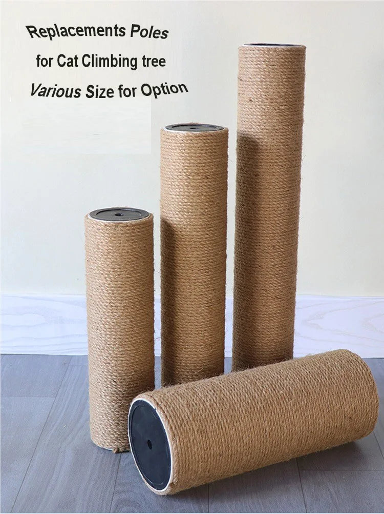 Replacement sisal poles for cat climbing trees in various sizes, shown standing upright and lying down.
