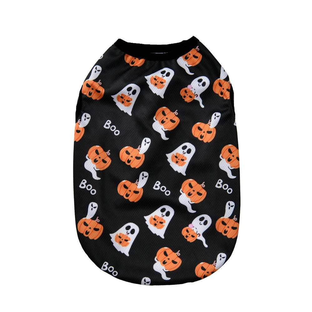 Black pet shirt with an all-over pattern of orange Halloween pumpkin and ghost designs