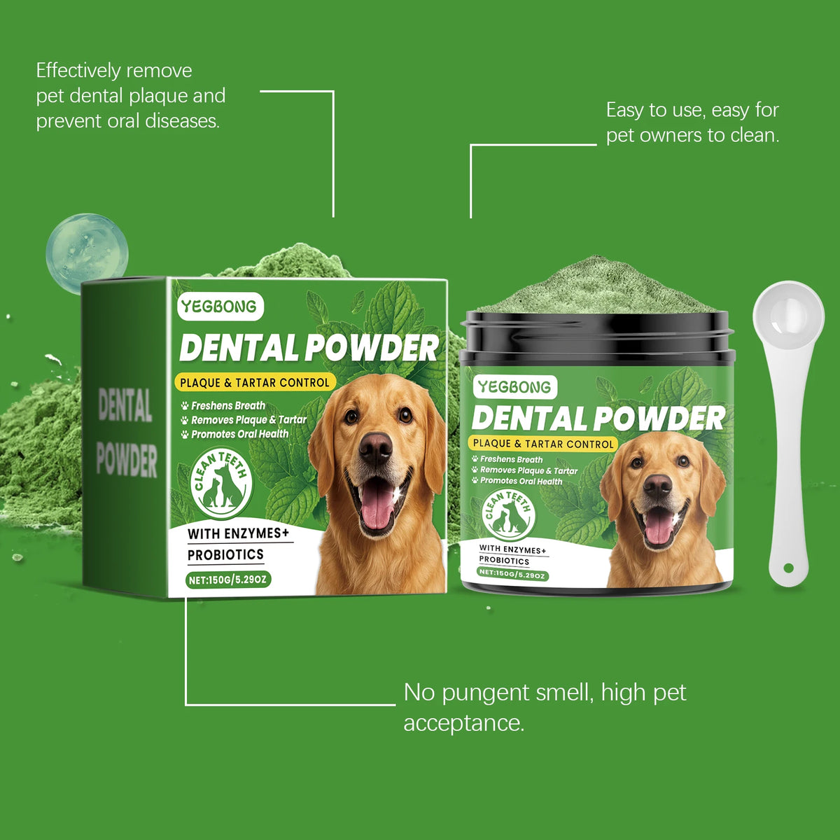 Yegbong Dental Powder for pets shown in packaging and a spoon, emphasizing plaque control and oral health.