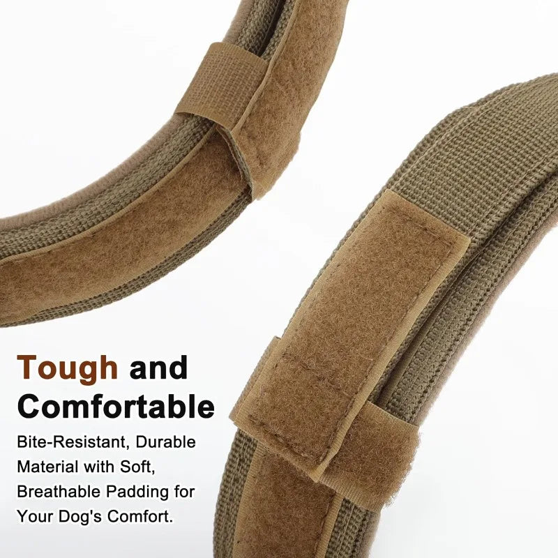 A close-up of a brown tactical dog collar with a padded strap and buckle detail.