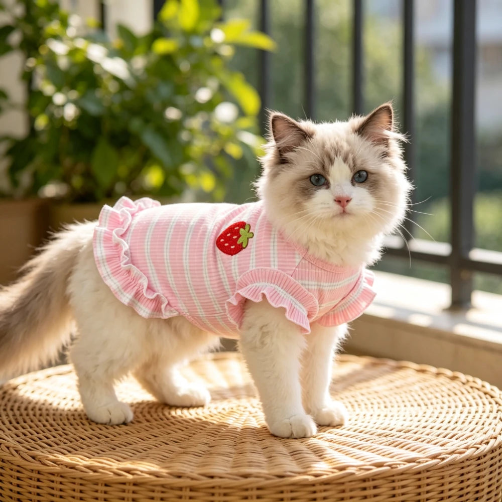 Strawberry Embroidered Striped Dog Dress with Ruffled Hem