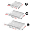 Three sizes of a white universal pet litter box shown with dimensions labeled S, M, and L.