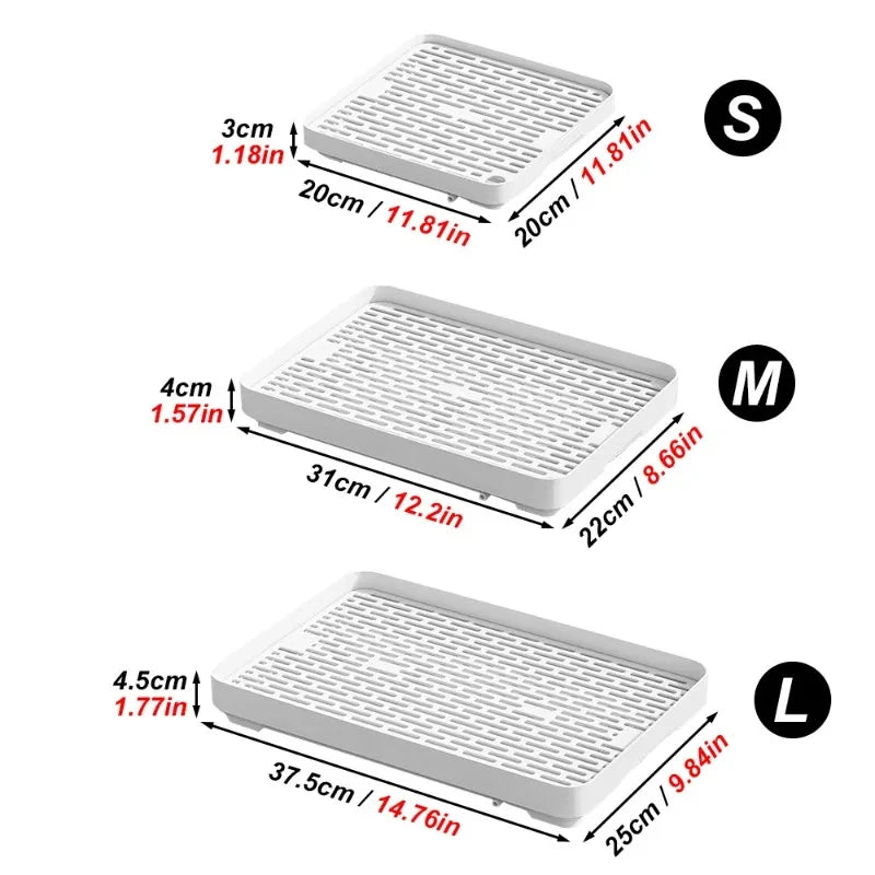 Three sizes of a white universal pet litter box shown with dimensions labeled S, M, and L.