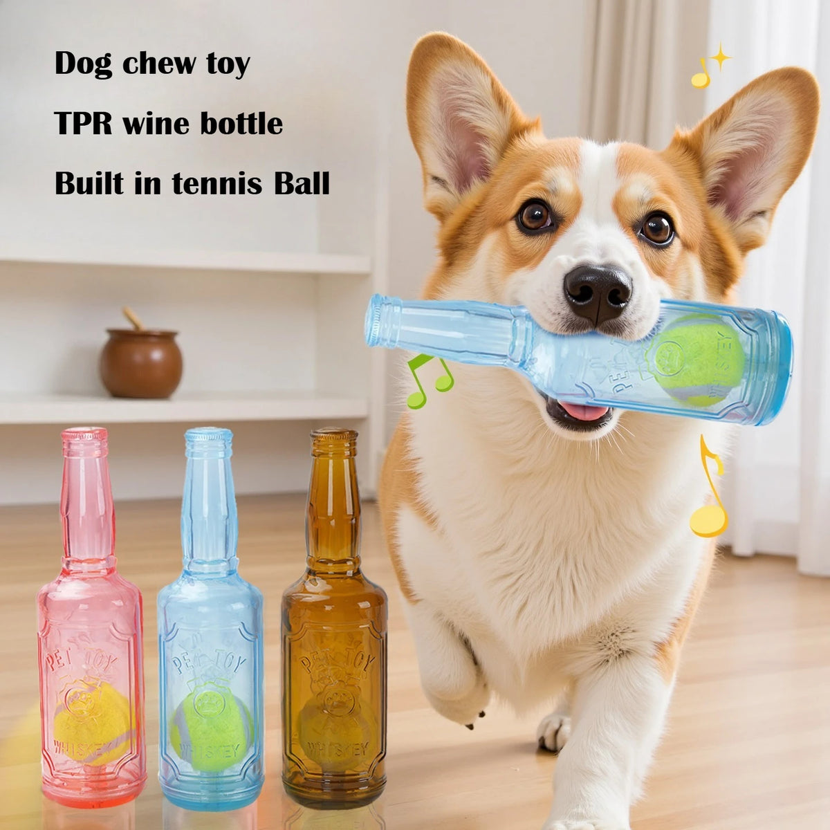 A happy dog is holding a clear beer bottle shaped like a tennis ball, which serves as a chew toy.
