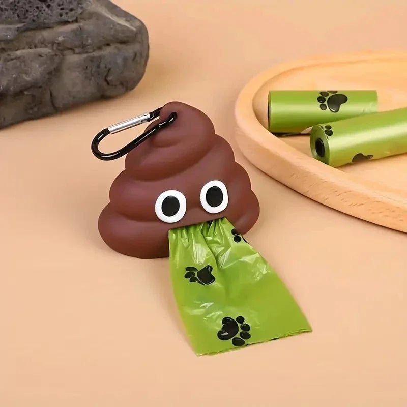A brown silicone dog waste bag dispenser with a green silicone bag is shown on a wooden surface.