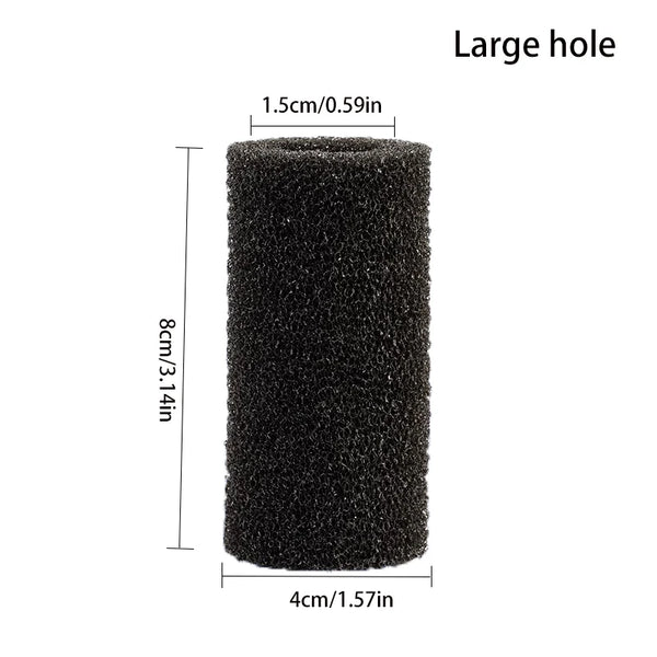 A cylindrical black sponge pre-filter designed for aquarium tank intake protection.