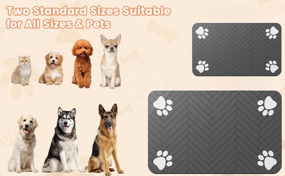 Two standard sized pet feeding mats shown with various dogs and cats.