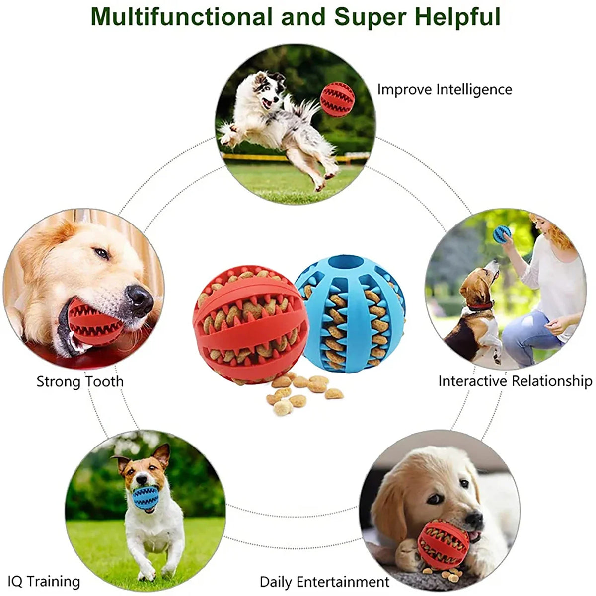 Diagramm der multifunktionalen und sehr hilfreichen Funktionen eines langlebigen Gummi-Kautoyballs für Hunde, einschließlich 