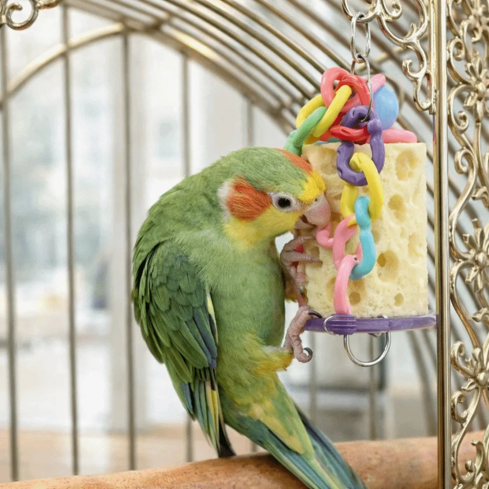 A green parrot is perched on a metal bar, interacting with an interactive hanging chewing toy made of colorful ropes and wood