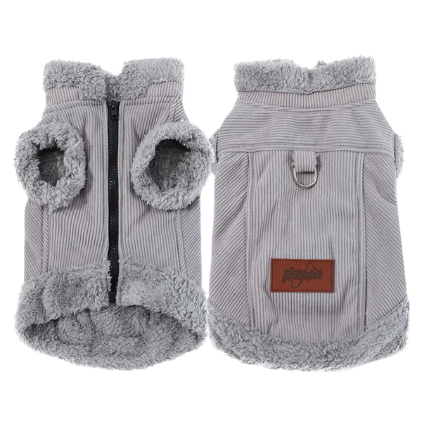 A gray fleece dog vest with a zipper and a metal D-ring for small to medium breeds.