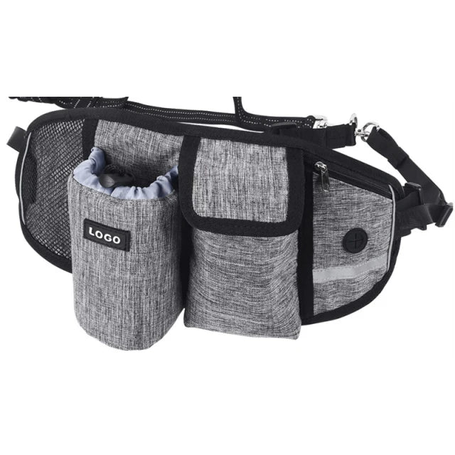 Gray hands-free dog walking belt with a treat pouch and bungee leash.