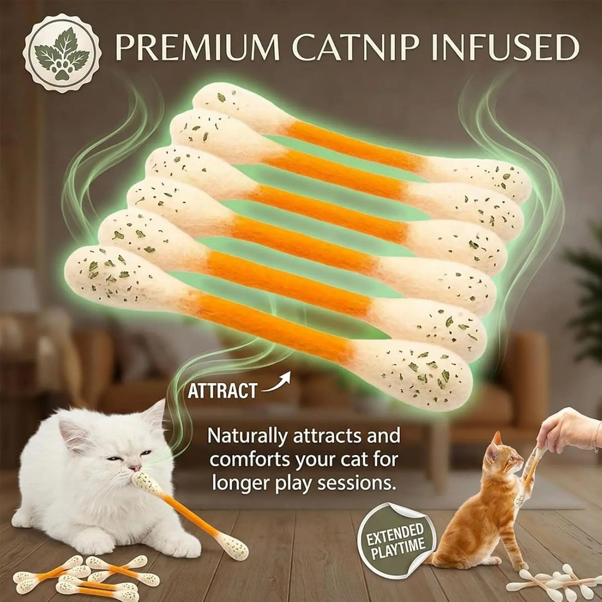 Premium Katzenminz-Kaugummitypel für Katzen, die Stäbchen zeigen und eine Katze mit ihnen interagiert.