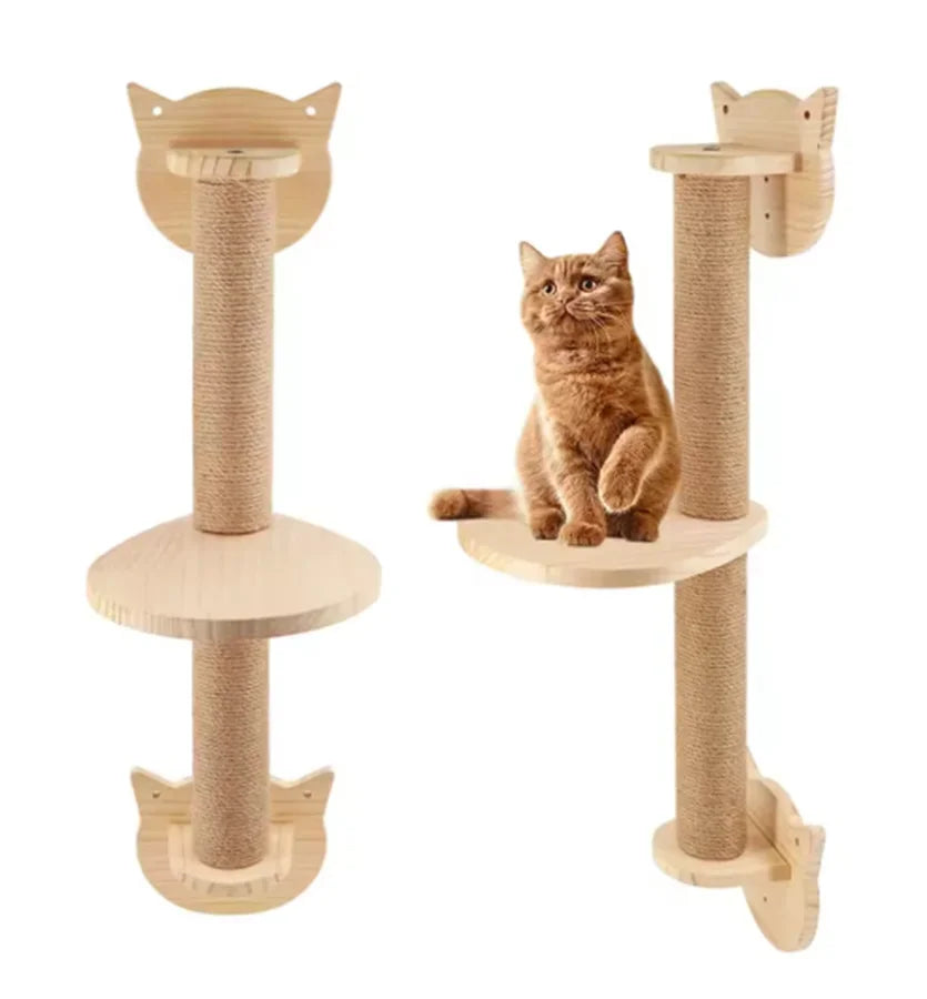 Wall-Mounted Wooden Cat Climbing Set with Sisal Scratching Post and Hammock