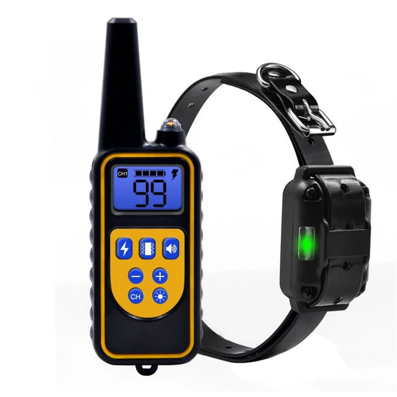 A black long-range dog training collar with a yellow control unit and a black strap.