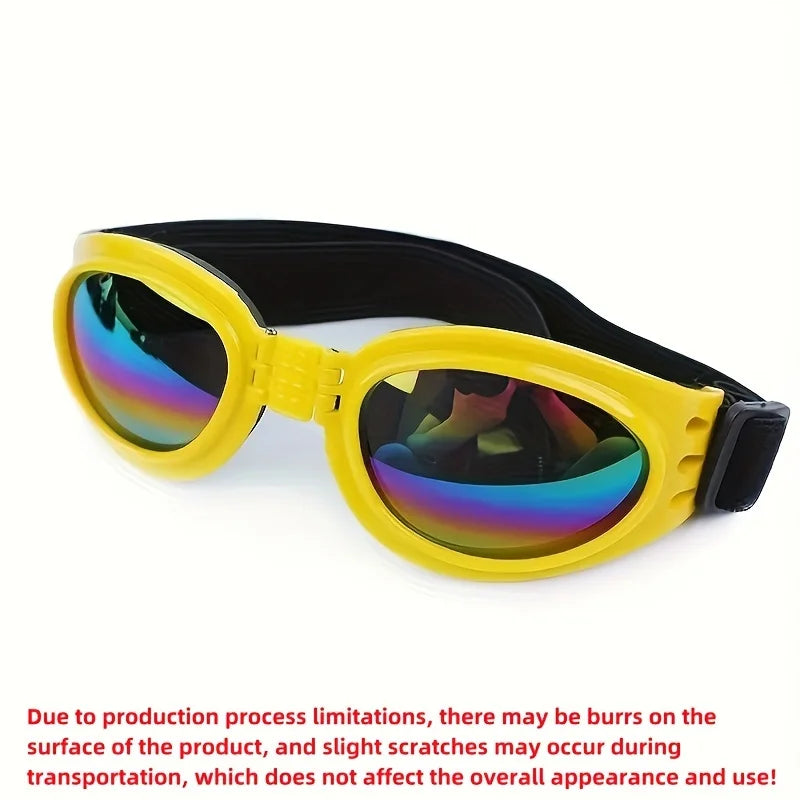 Yellow collapsible dog sunglasses with black adjustable straps