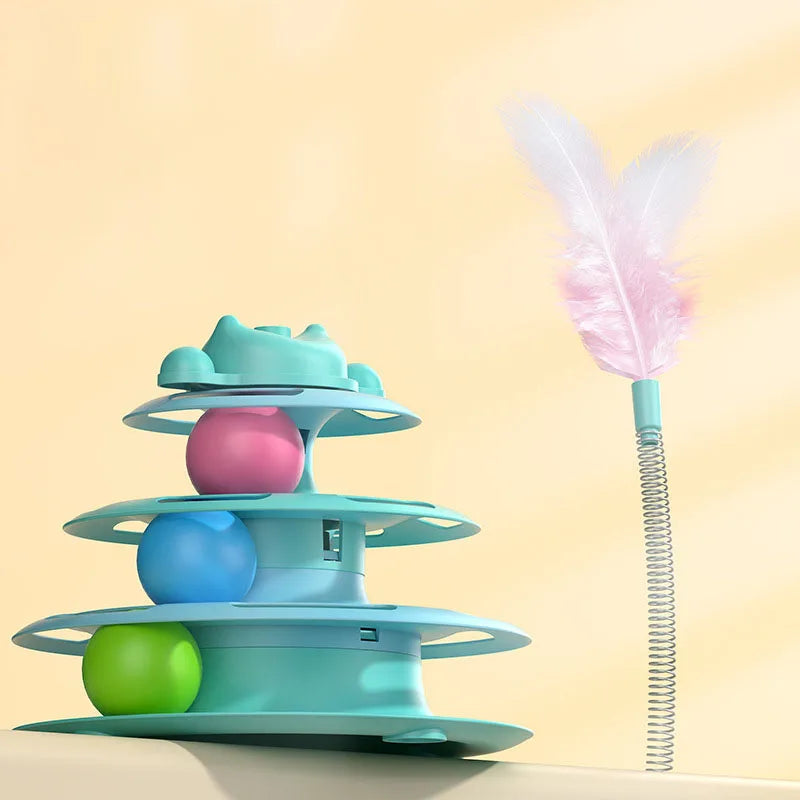 Interactive Cat Turntable Toy with Feather Wand and Rolling Ball