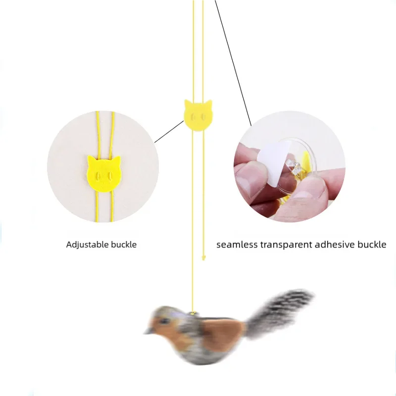A yellow adjustable buckle cat toy suspended by a string, shown next to a seamless transparent adhesive buckle and a small bi