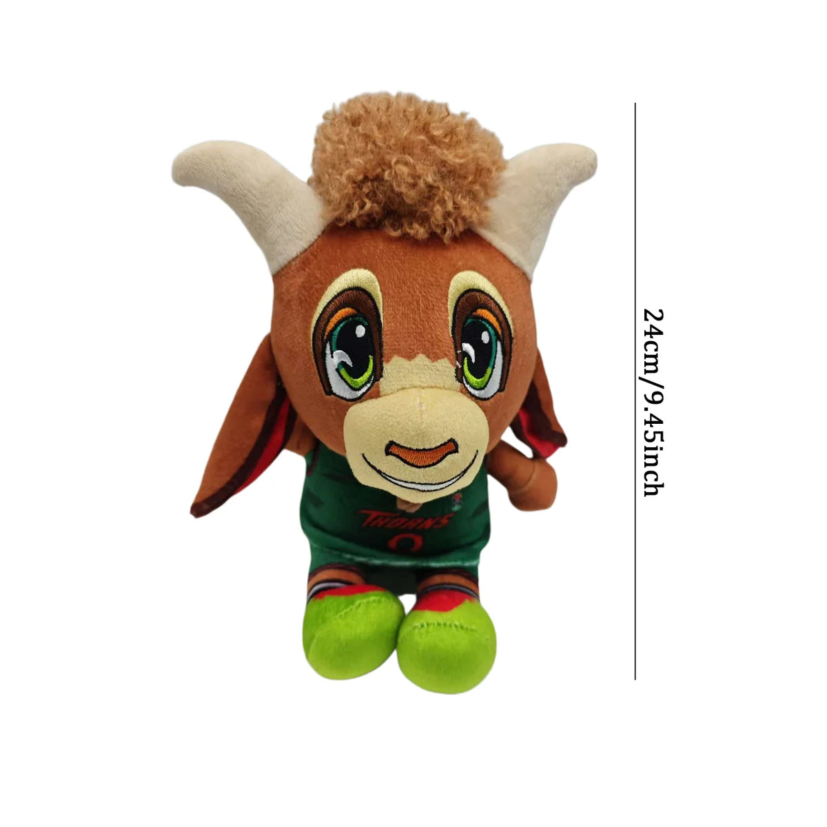 A brown goat plush toy with a fluffy mane and green accents, shown from the front.