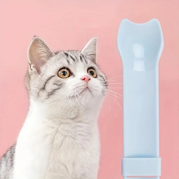 A fluffy gray and white cat looks up at a light blue plastic spoon designed for dispensing cat treats.