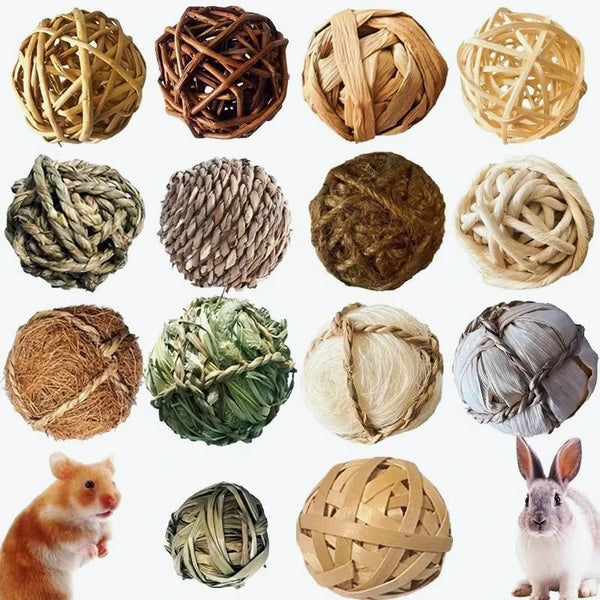 A collection of natural grass chew balls and a small rodent.