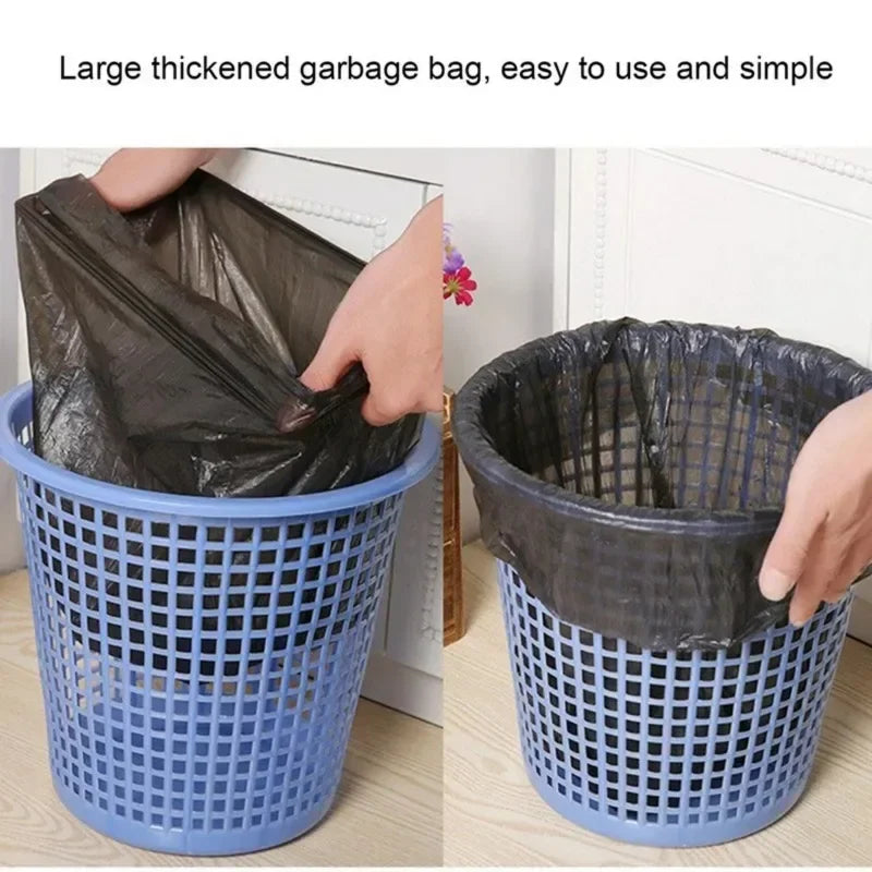 A hand is shown placing a black garbage bag into a blue plastic basket for easy disposal.