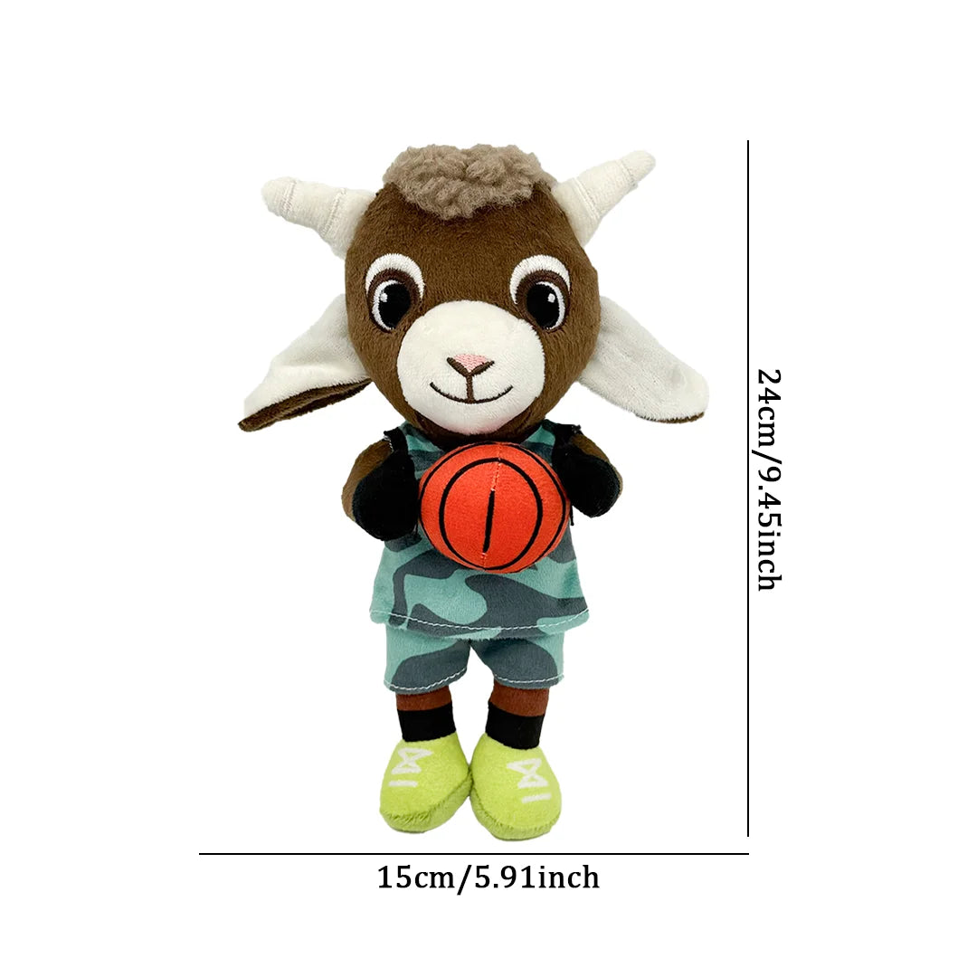 A brown goat plush toy with white horns, wearing a green shirt and yellow shoes, holding an orange basketball.