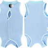 Light blue post-surgery recovery suit for cats with a collar and snap closure