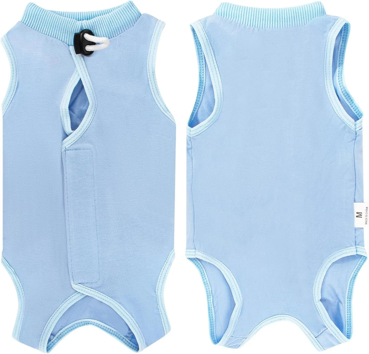 Light blue post-surgery recovery suit for cats with a collar and snap closure