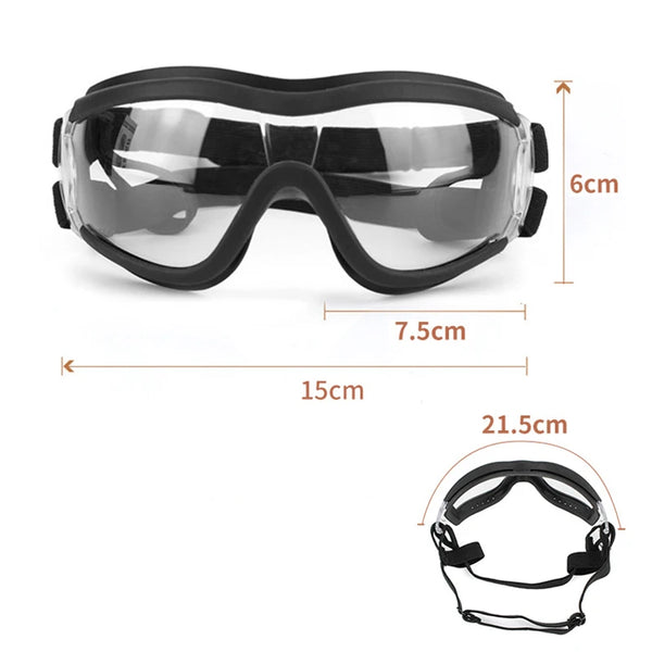 Clear plastic dog sunglasses with black frames and adjustable strap shown in various dimensions