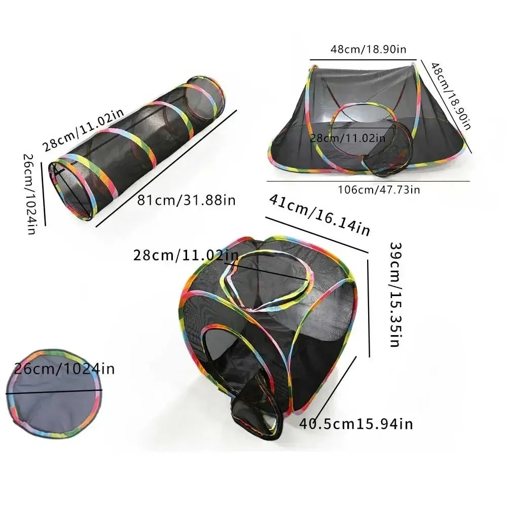 Foldable mesh cat play tunnel featuring a tent and cube structure in black and colorful mesh.