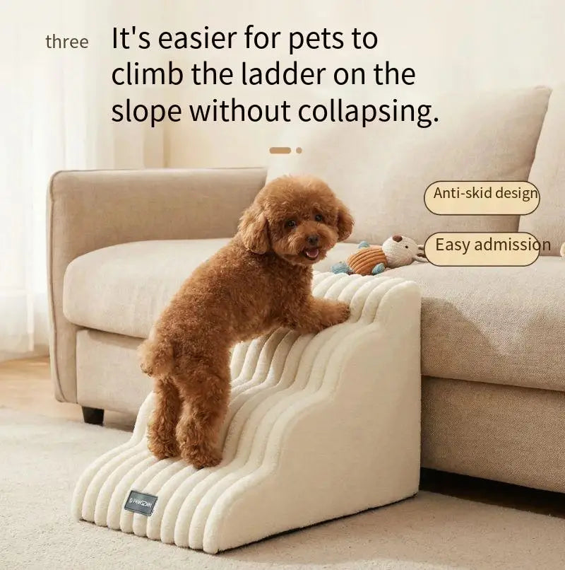 A brown dog is climbing a beige pet safety ladder designed for pets to climb on slopes.