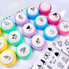 A collection of colorful linen pet talk buttons for dogs and cats, featuring various icons like hearts, paws, and hands.
