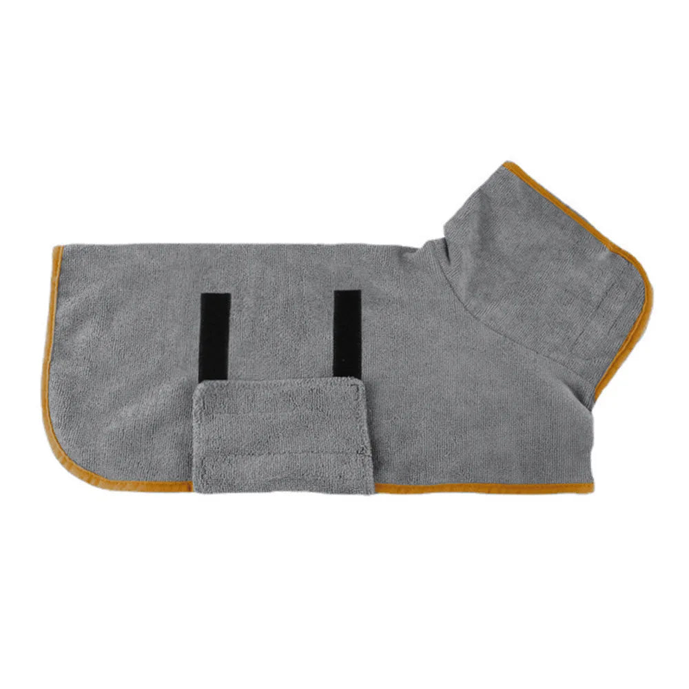 Graues, verstellbares Hundetrocken-Handtuch mit schwarzen Griffen und orangem Zierrand.