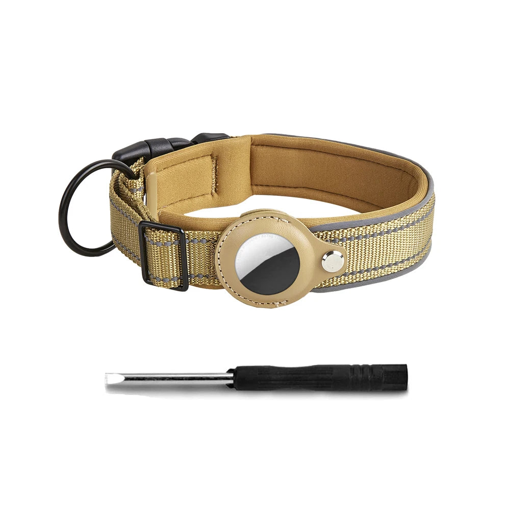 A tan reflective dog collar with a built-in holder for an AirTag.