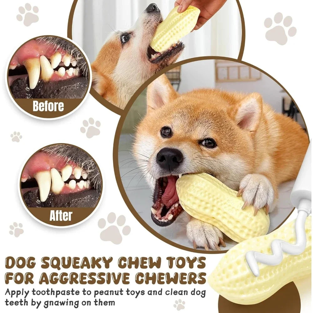A dog is chewing a yellow peanut-shaped squeaky toy, demonstrating its use for dog teeth cleaning.