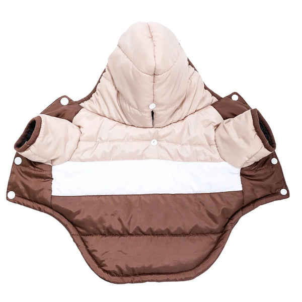 A beige and brown fleece hoodie dog jacket with a white stripe detail.