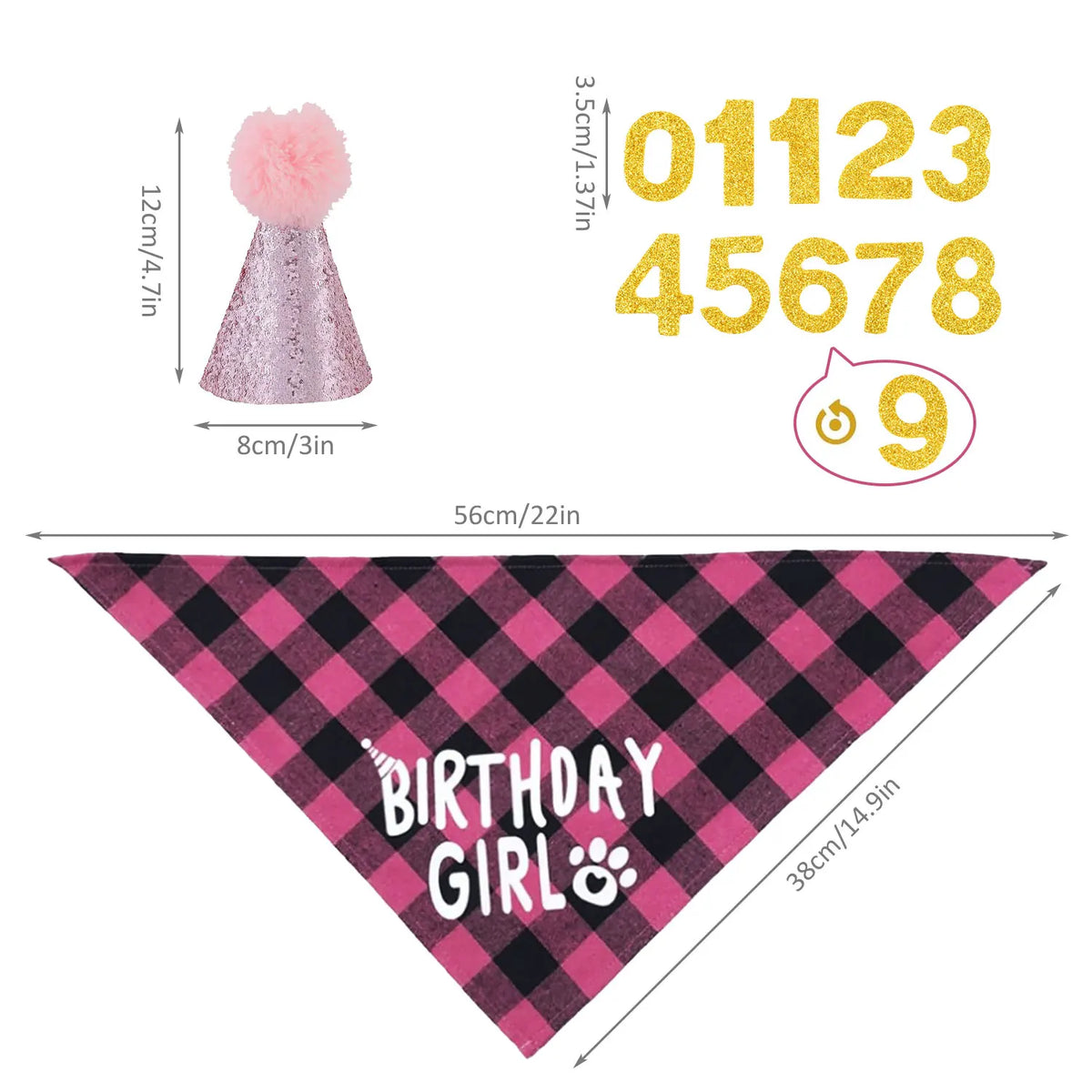 A pink glitter party hat, gold numbers 01123456789, and a pink checkered birthday bandana.