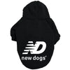 Black cozy fleece hoodie with a white New Dogs logo on the chest.