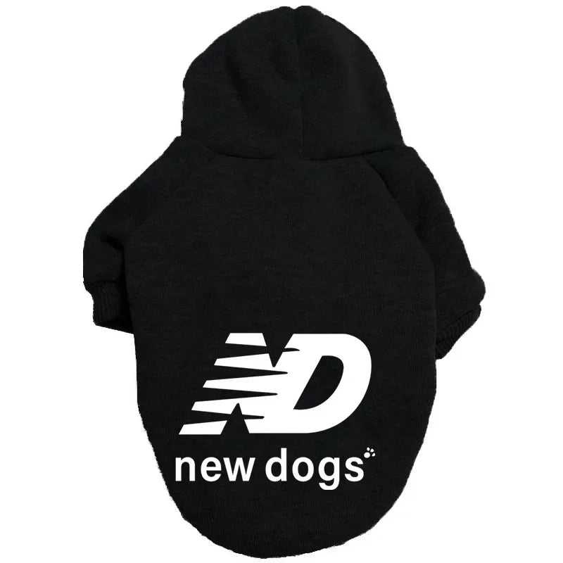 Black cozy fleece hoodie with a white New Dogs logo on the chest.